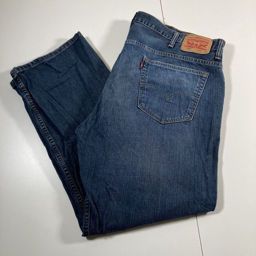 Levi's 569 Jeans 44x30 Dark Wash Loose Fit Straight Leg Whiskers Fade (42x32)